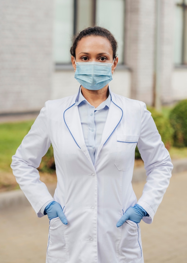 Photo gratuit médecin de tir moyen portant un masque