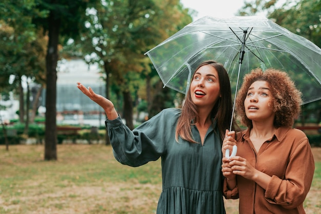 Meilleurs amis debout sous leur parapluie