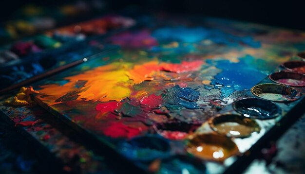 Mélange de couleurs vibrantes sur la palette désordonnée de l'artiste générée par l'IA