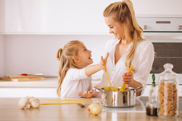 Mère et fille cuisinant des pâtes