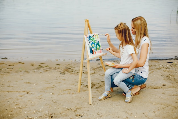 Mère, fille, dessin, parc