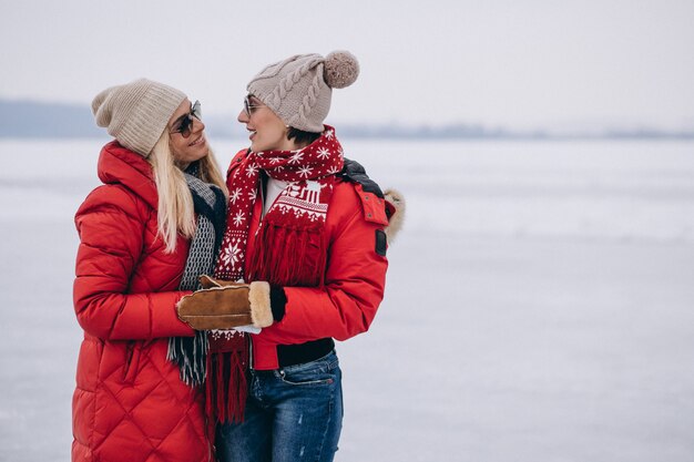 Mère et fille marchant ensemble dans un parc en hiver