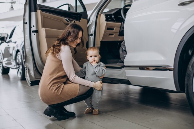 Mère avec petite fille choisissant une voiture