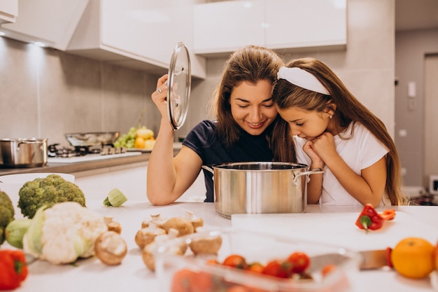 Mère avec petite fille cuisine ensemble à la cuisine