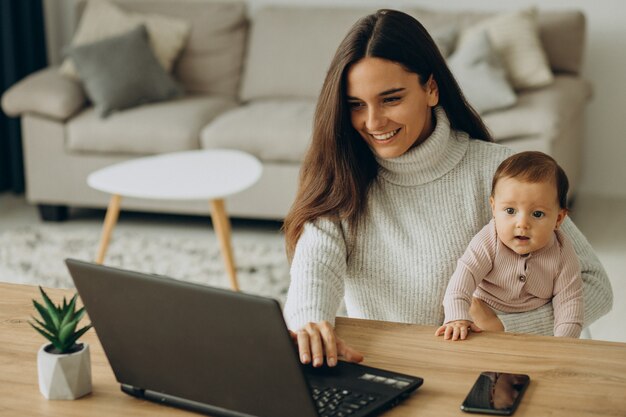 Mère avec petite fille travaillant sur ordinateur depuis la maison