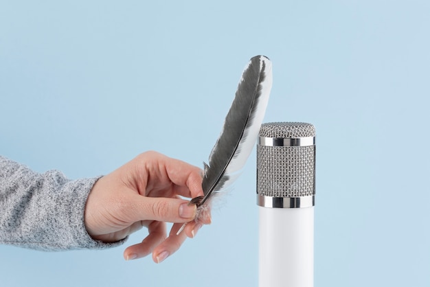 Photo gratuite microphone asmr avec plume pour le son