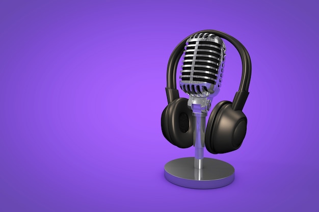 Microphone professionnel avec podcast de fond de couleur ou illustration de fond de studio d'enregistrement