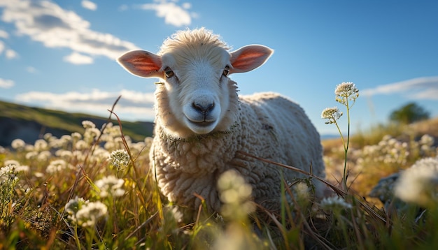 Photo gratuite un mignon agneau paissant sur un pré vert sous le soleil d'été généré par l'intelligence artificielle
