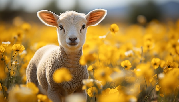 Un mignon agneau paît dans un pré entouré de fleurs jaunes générées par l'intelligence artificielle.