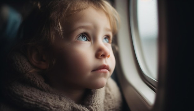 Photo gratuite mignon bambin caucasien souriant regardant à travers la fenêtre de l'avion avec curiosité générée par l'ia
