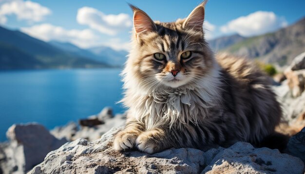Un mignon chaton assis sur l'herbe qui regarde la caméra avec des yeux bleus générés par l'intelligence artificielle