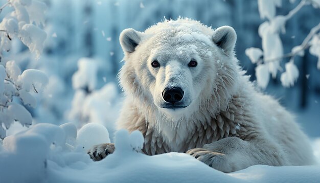 Photo gratuite un mignon chien samoyède se promène dans la forêt arctique enneigée générée par l'ia