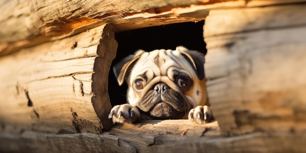 Photo gratuite un mignon chien souriant de sa maison en bois mélangeant plaisir et confort