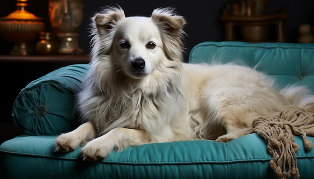 Photo gratuite un mignon chiot assis sur le canapé regardant la caméra à la fourrure moelleuse générée par l'intelligence artificielle