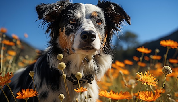 Photo gratuite un mignon chiot assis dans le pré regardant la caméra entouré de fleurs générées par l'intelligence artificielle