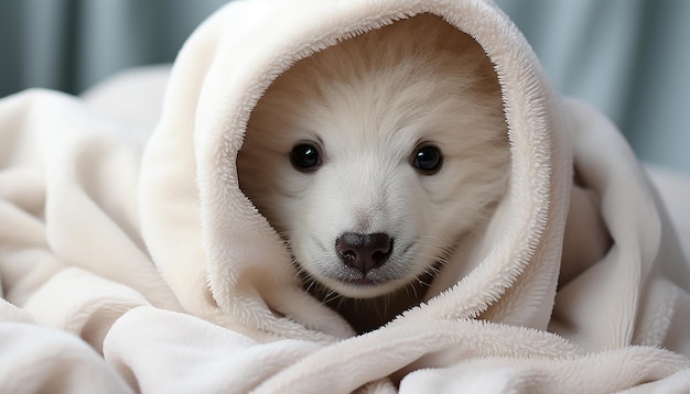 Photo gratuite un mignon chiot assis à l'extérieur regardant la caméra avec l'innocence générée par l'ia