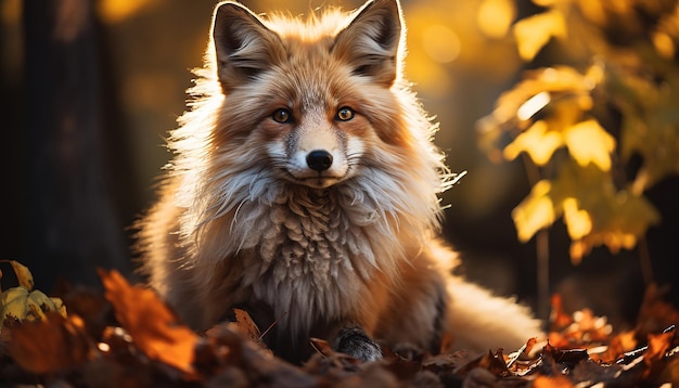 Photo gratuite un mignon chiot assis à l'extérieur en train de regarder une caméra dans la forêt d'automne générée par l'ia