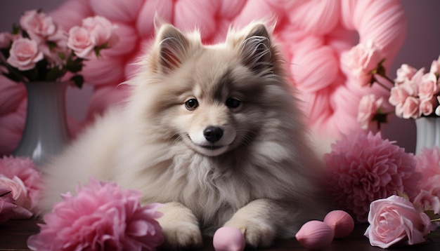 Un mignon chiot assis à regarder la caméra entouré de fleurs générées par l'intelligence artificielle