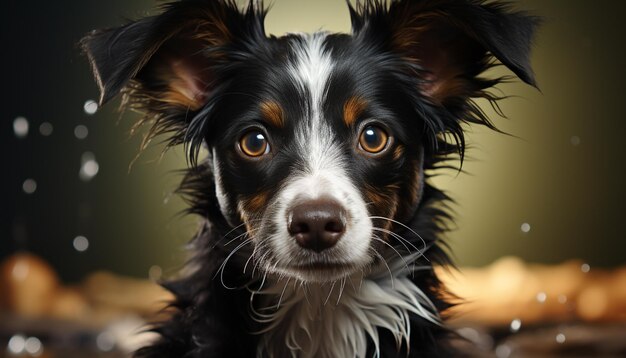 Un mignon chiot assis à regarder la caméra à la fourrure humide et ludique générée par l'intelligence artificielle