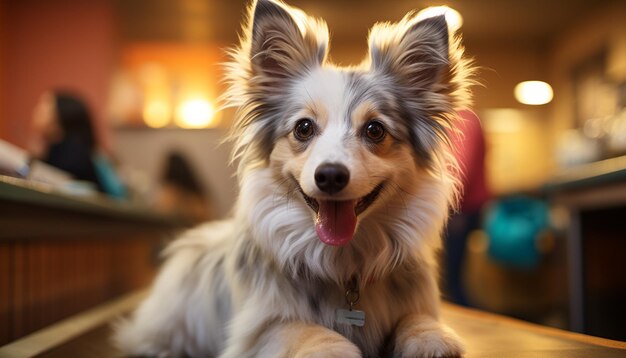 Un mignon chiot assis à regarder un portrait de chien de race pure généré par l'intelligence artificielle