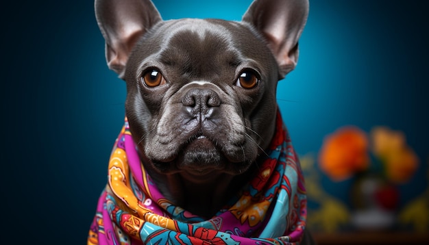 Un mignon chiot de bulldog français assis à regarder une caméra à l'intérieur générée par l'intelligence artificielle