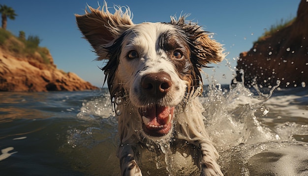 Photo gratuite un mignon chiot jouant dans l'eau profitant du plaisir de l'été généré par l'intelligence artificielle