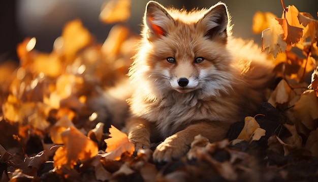 Photo gratuite un mignon chiot jouant dans la forêt d'automne en regardant une caméra générée par l'ia