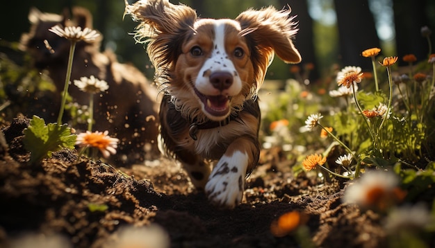 Photo gratuite un mignon chiot jouant dans l'herbe appréciant le plein air généré par l'intelligence artificielle