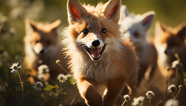 Photo gratuite un mignon chiot jouant dans l'herbe en regardant une caméra générée par l'intelligence artificielle