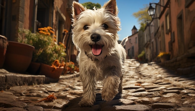 Un mignon chiot de terrier assis à l'extérieur jouant avec son ami bulldog généré par l'intelligence artificielle