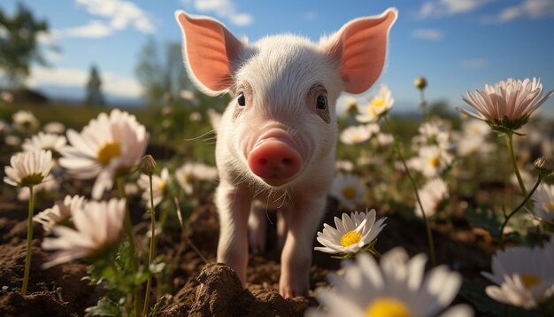Un mignon cochon qui paît sur l'herbe verte dans un prairie généré par l'intelligence artificielle