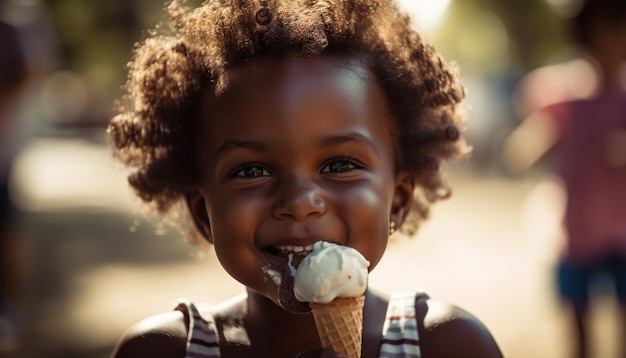 Un mignon garçon africain savoure une glace à l'extérieur heureusement générée par l'IA
