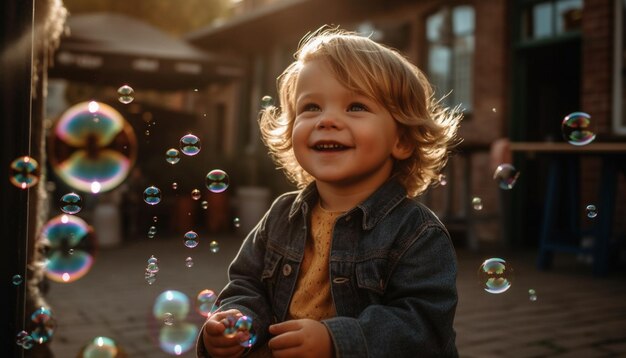 Mignon garçon caucasien soufflant des bulles dans la nature générée par l'IA