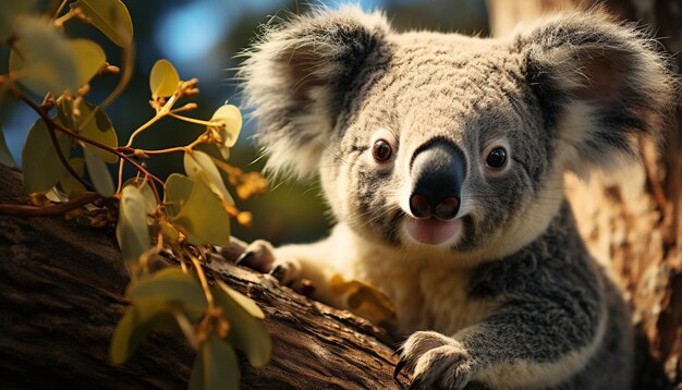 Un mignon koala assis sur une branche regardant une caméra dans la nature générée par l'intelligence artificielle