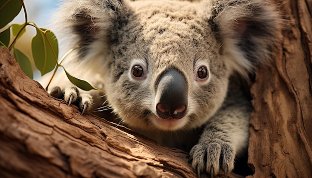 Un mignon koala assis sur une branche regardant une caméra à l'extérieur générée par l'intelligence artificielle