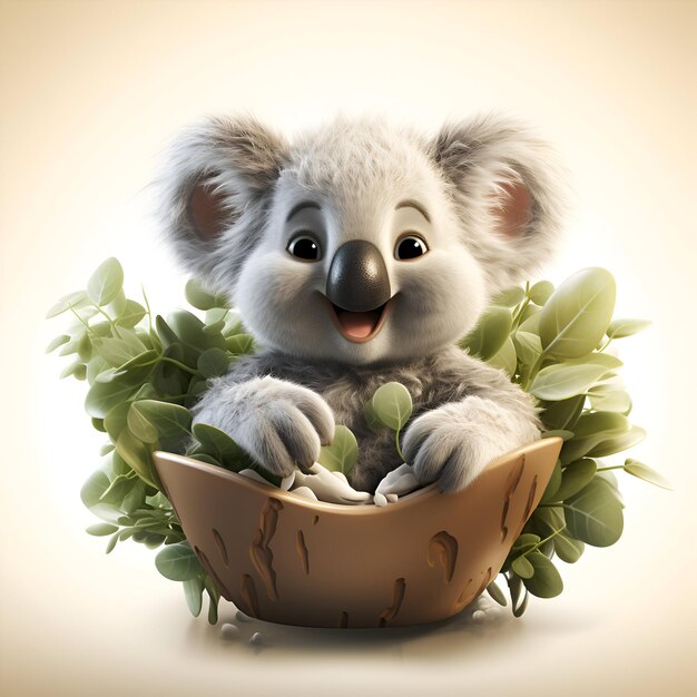 Un mignon koala avec des feuilles d'eucalyptus dans un bol