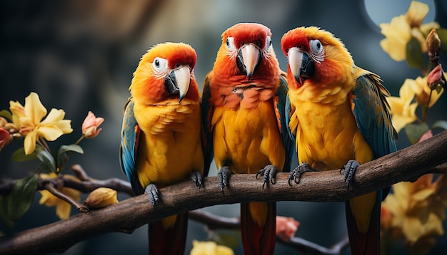 Un mignon macaw perché sur une branche des plumes vibrantes brillantes générées par l'intelligence artificielle