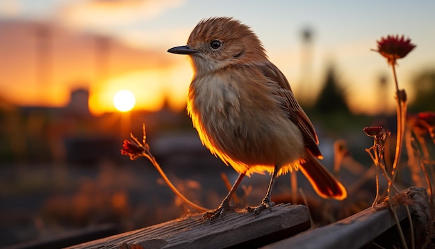 Photo gratuite un mignon moineau perché sur une branche au lever du soleil généré par l'intelligence artificielle