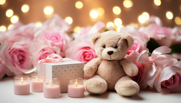 Photo gratuite un mignon ours en peluche avec une décoration de bougie rose générée par l'ia