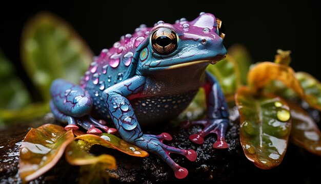 Un mignon petit crapaud vert assis sur une feuille mouillée générée par l'intelligence artificielle