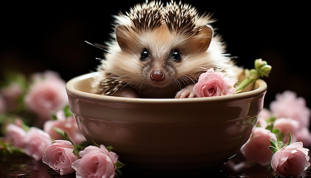 Photo gratuite un mignon petit hérisson regardant des fleurs reniflant la beauté de la nature générée par l'intelligence artificielle