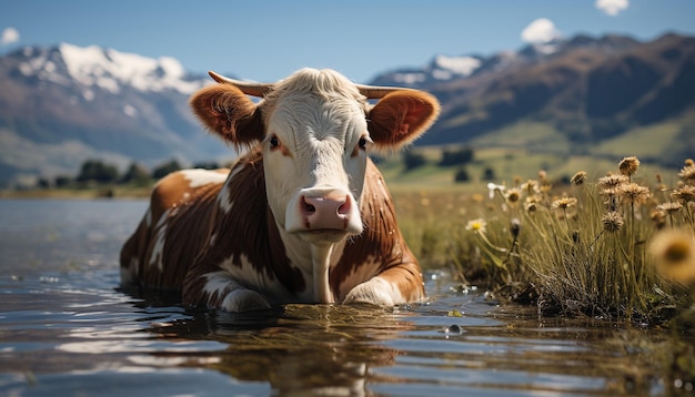 Photo gratuite une mignonne vache paissant dans un pré vert regardant une caméra générée par l'intelligence artificielle