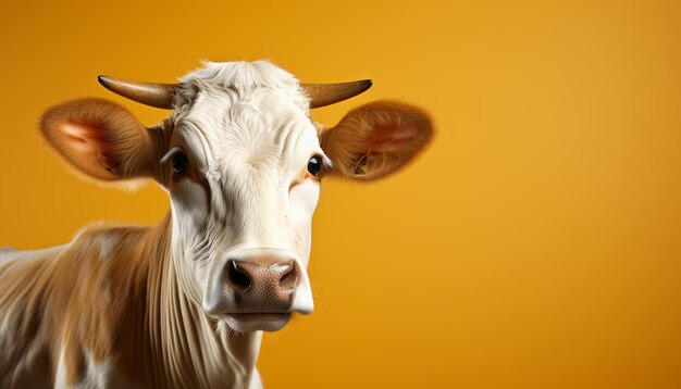 Une mignonne vache paît sur un pré vert en regardant une caméra générée par l'intelligence artificielle