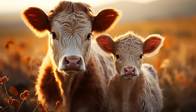 Photo gratuite une mignonne vache qui paît dans une prairie verte en regardant une caméra générée par l'intelligence artificielle