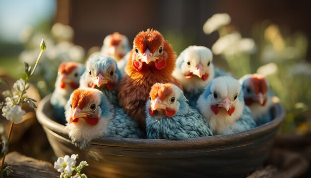 Photo gratuite de mignons bébés poulets éclosent dans une ferme de prairie verte générée par l'intelligence artificielle