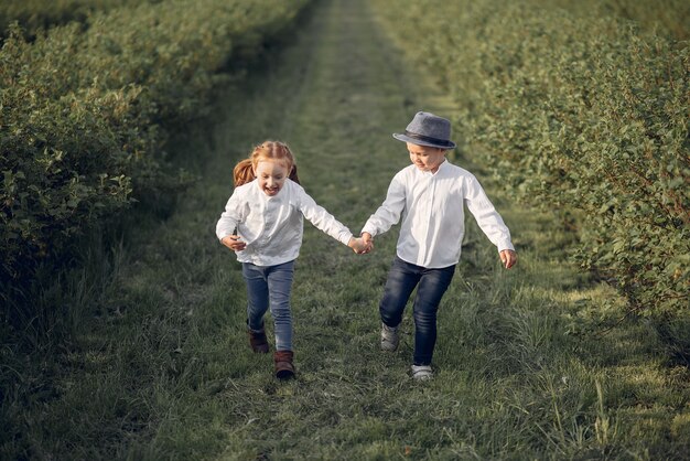 Mignons petits enfants dans un champ de printemps