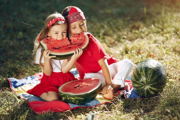 Mignons petits enfants avec des pastèques dans un parc