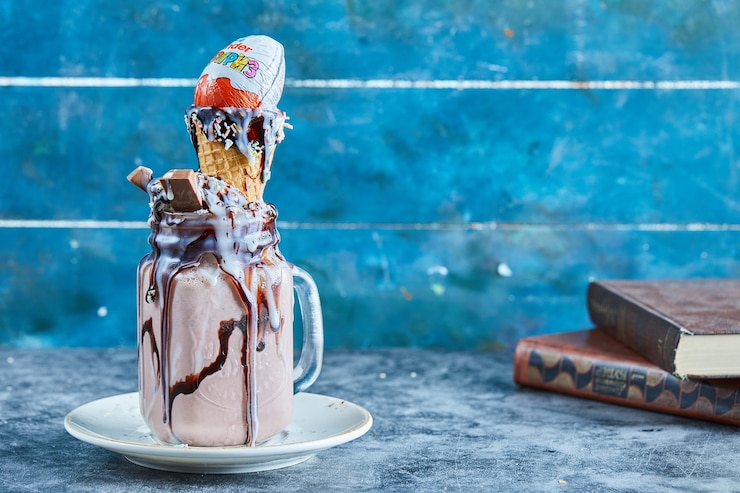 Photo gratuit milk-shake au chocolat avec barre de chocolat, kinder surprise, cornet de glace sur la plaque blanche