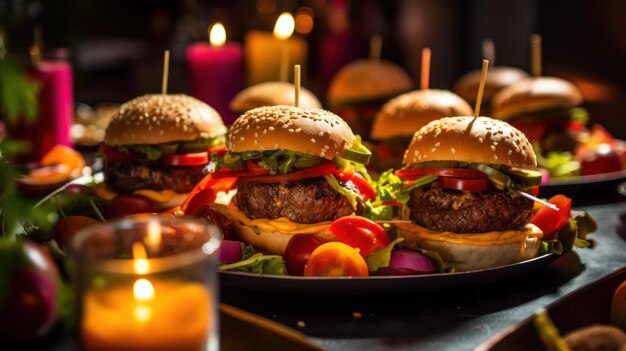 Mini hamburgers sur l'assiette servis sur une assiette au milieu d'un rassemblement animé d'amis