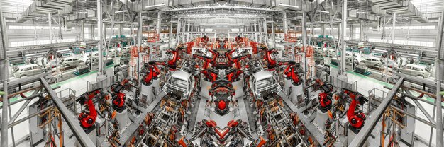 Miroir Panoramique Photo Ligne de production automobile Soudage carrosserie Usine d'assemblage de voitures modernes